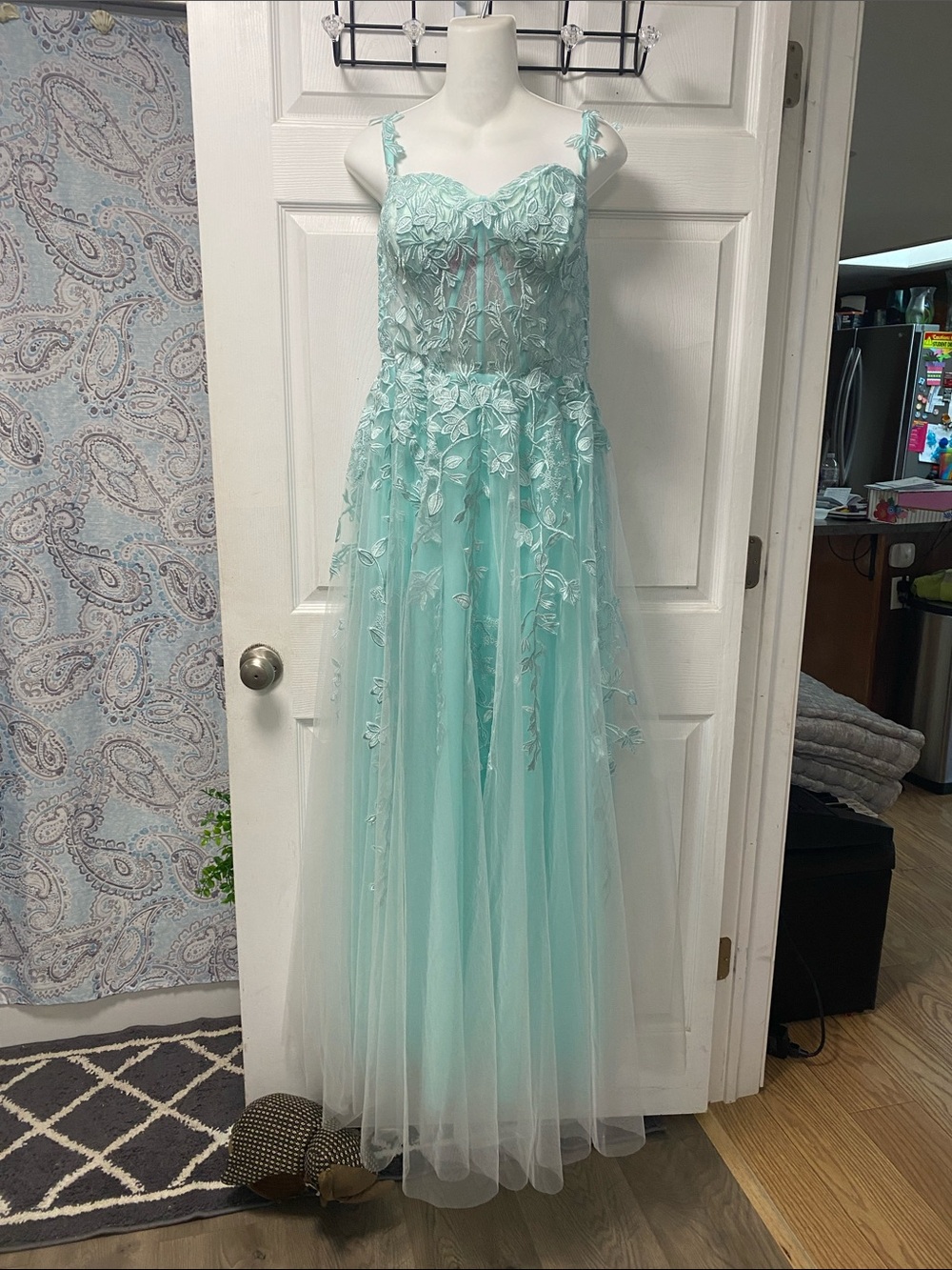 Aqua Floral Appliqué Tulle Gown